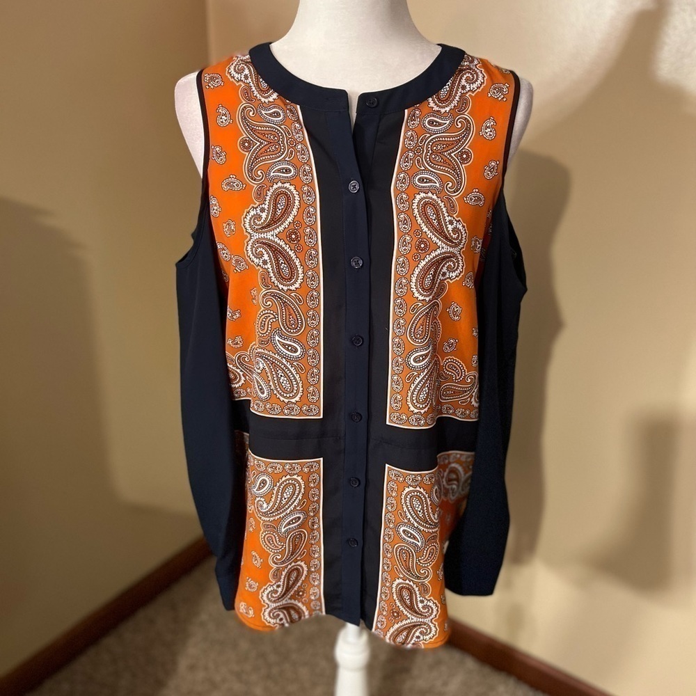 Michael Kors Orange/Navy Paisley Print Cold Shoulder Long Sleeve Blouse Sz S EUC